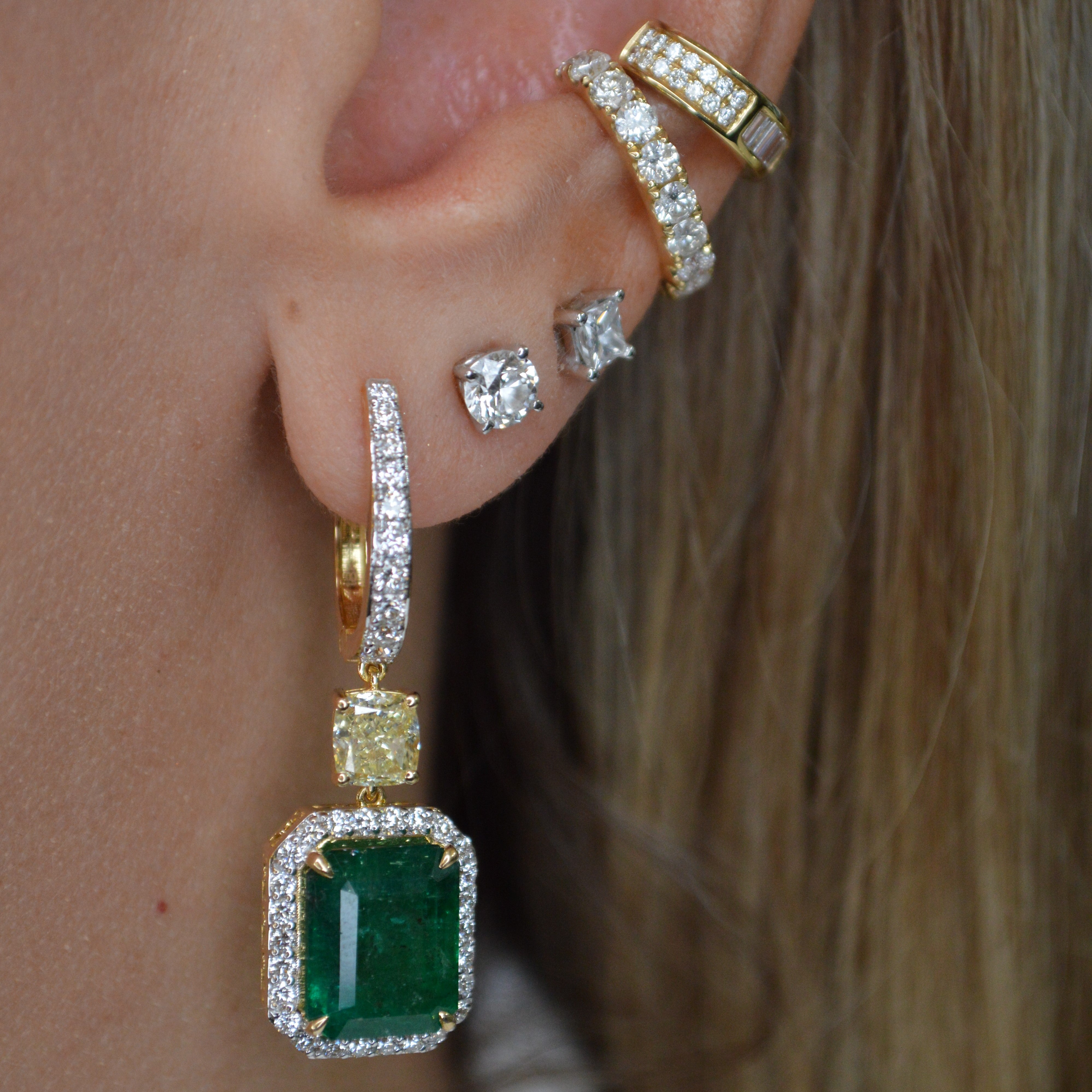 13.29ct Emerald Diamond 18K Gold Dangle Drop Earrings