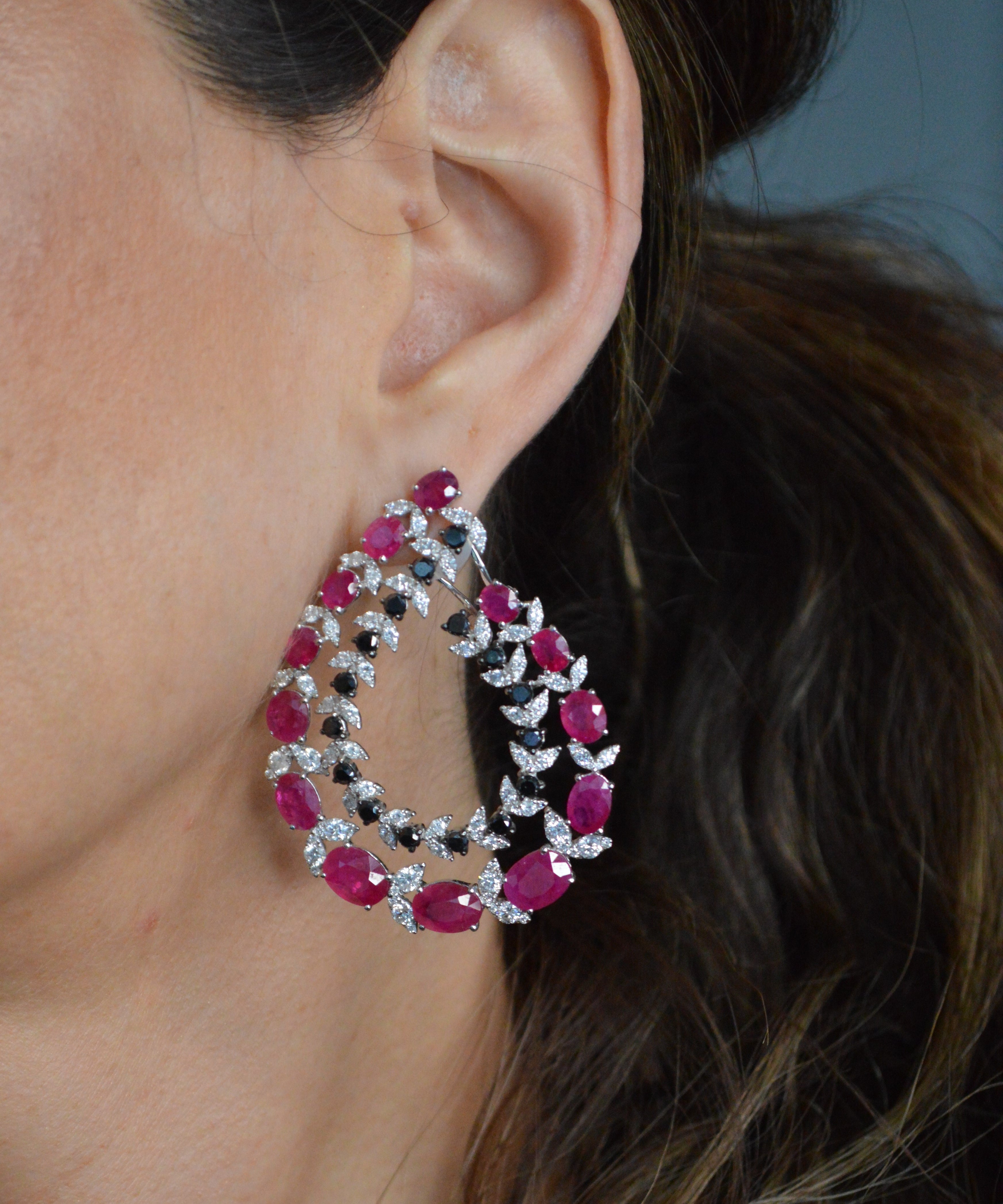 25.66ct Diamond Ruby 18K Gold Statement Earrings