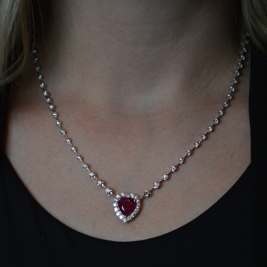 5.89cts Diamond Ruby 18K Gold Halo Heart Tennis Link Necklace