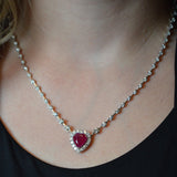 5.89ct Diamond Ruby 18K Gold Halo Heart Tennis Link Necklace