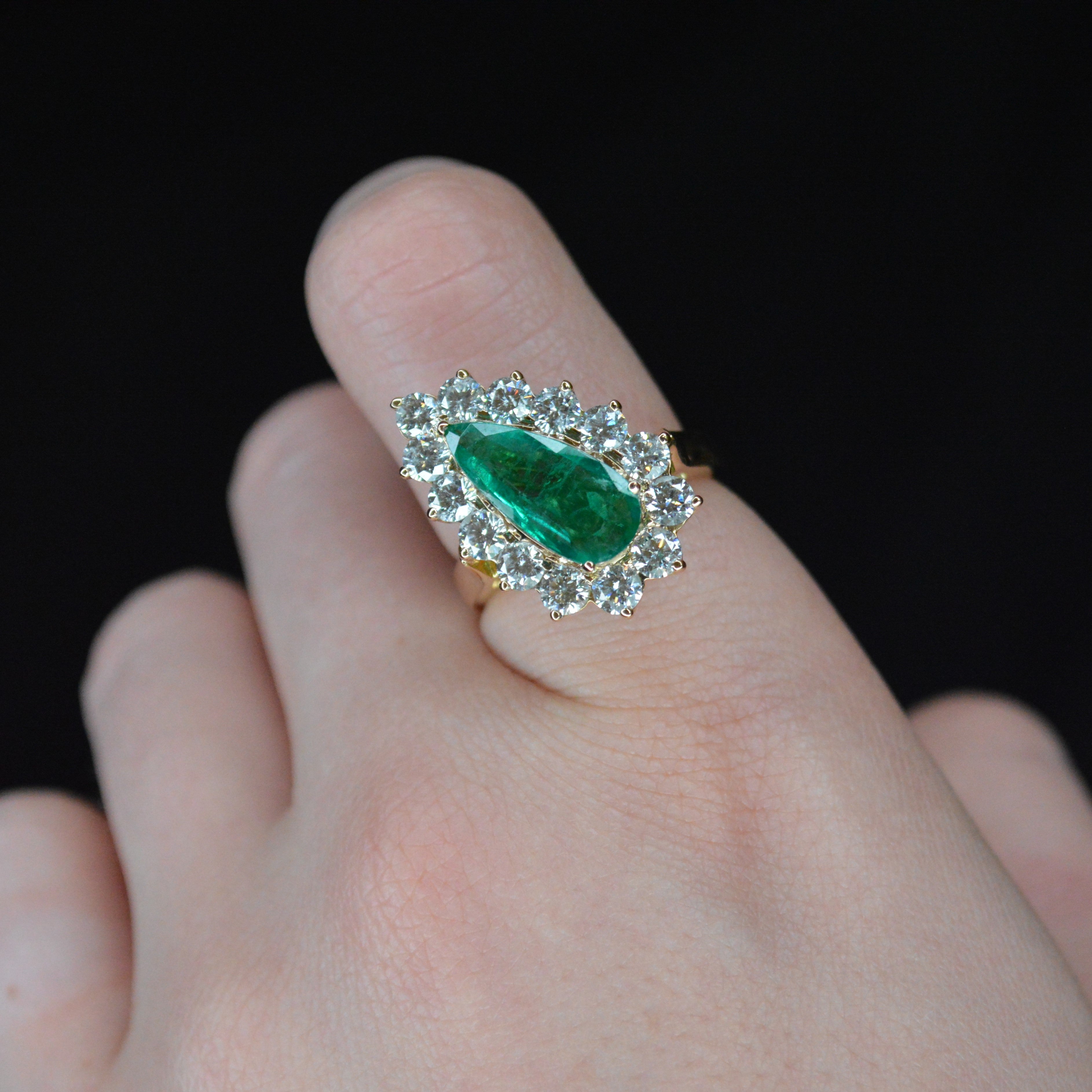 4.92ct Diamond Emerald 18K Gold Pear Cut Halo Ring