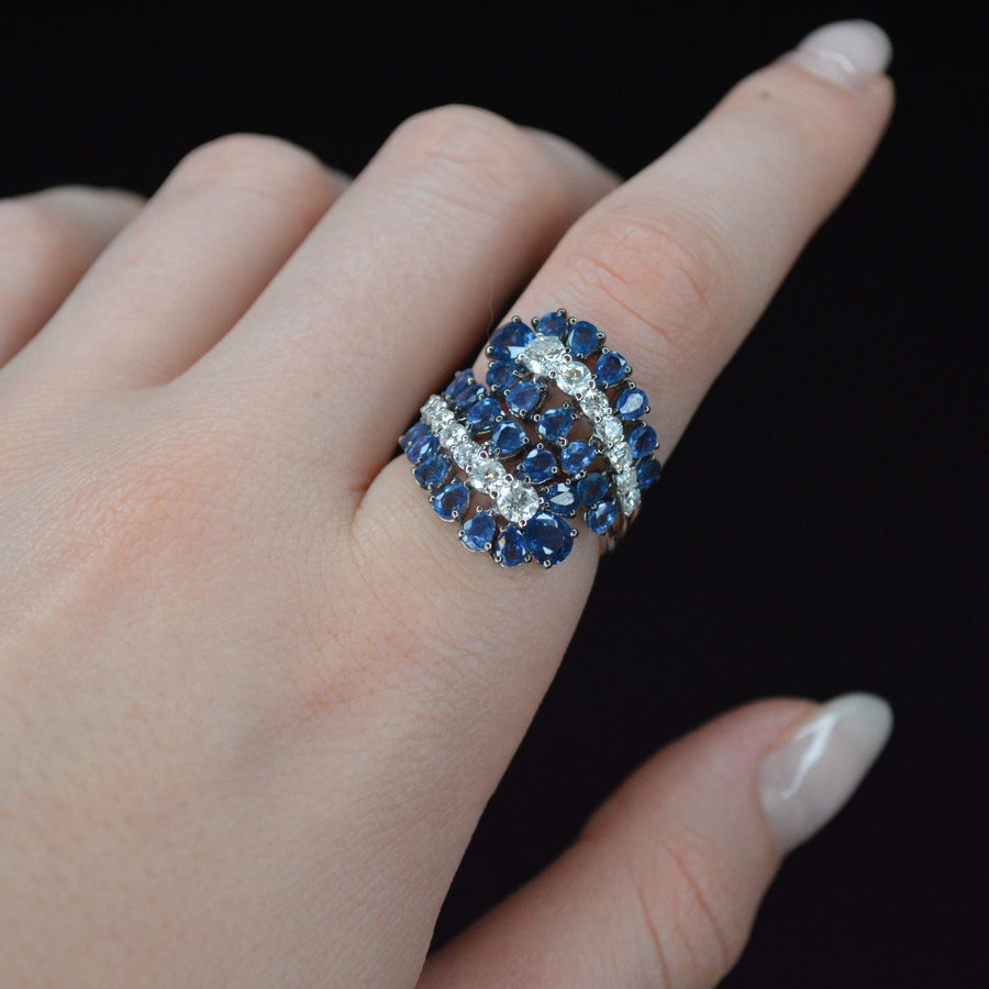 4.70cts Diamond Sapphire 18K Gold Cluster Leaf Bypass Ring