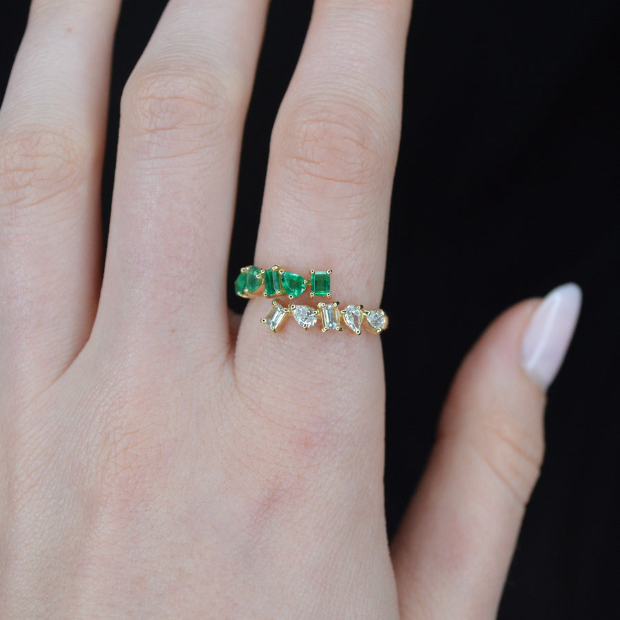 1.10cts Diamond Emerald 18K Gold Multi Shaped Bypass Ring