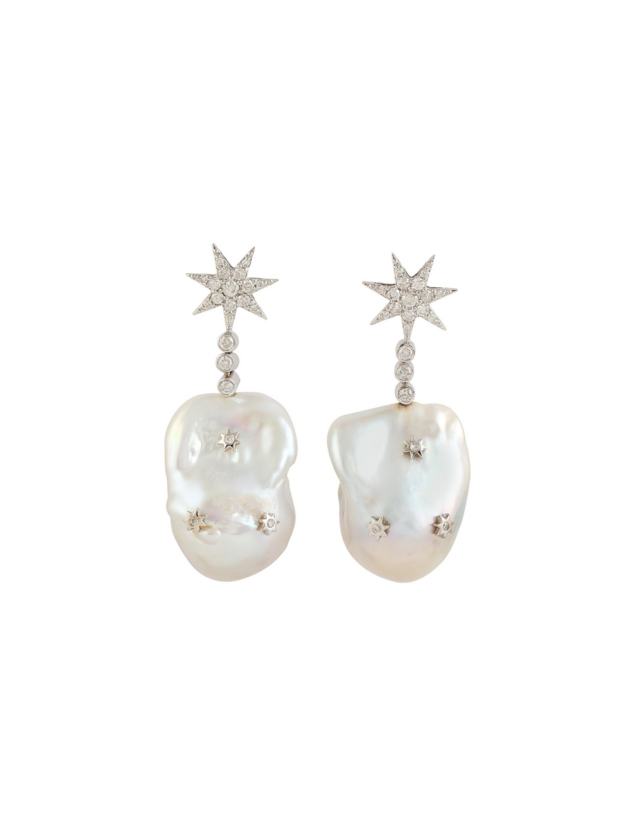 80.75cts Diamond Pearl 18K Gold Celestial Dangle Drop Earrings