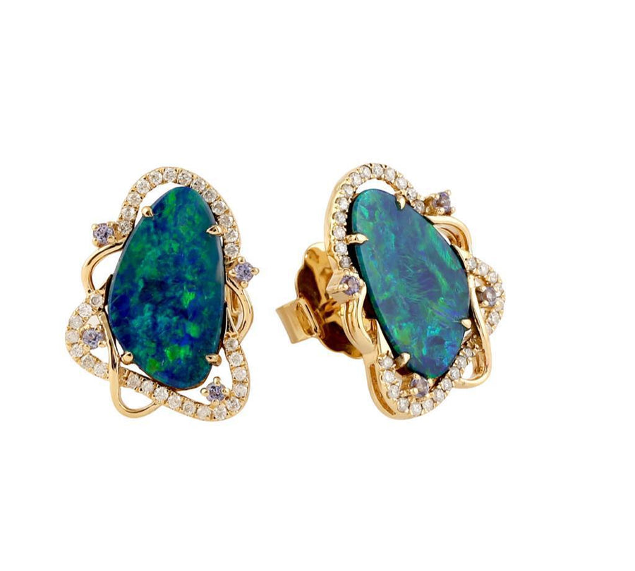 4.00cts Diamond Aqua Australian Opal Tanzanite 18K Gold Stud Earrings