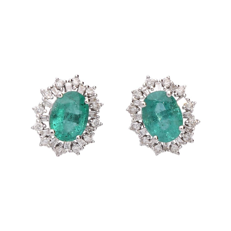 2.30ct Diamond Emerald 18K Gold Sunburst Halo Stud Earrings
