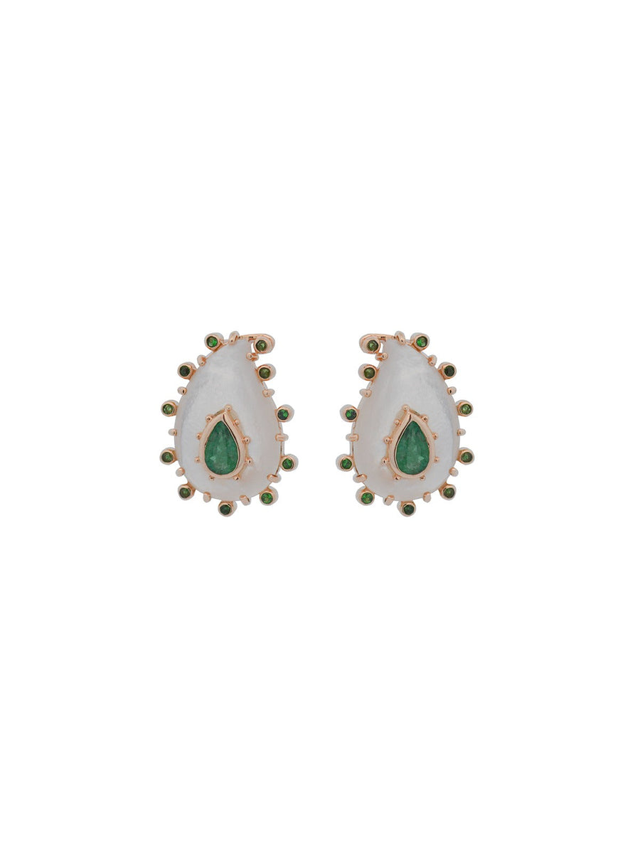 6.95ct Emerald Mother Of Pearl 14K Gold Paisley Earrings