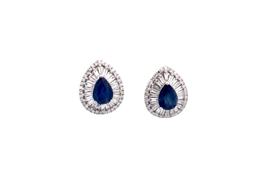 2.06ct Diamond Sapphire 14K Gold Pear Halo Earrings