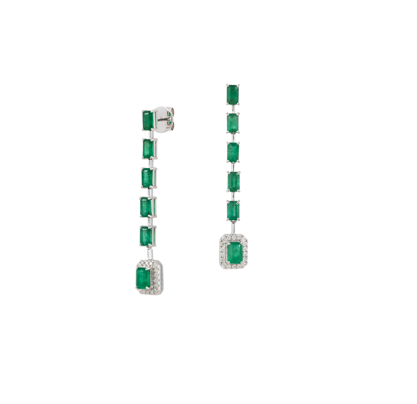 4.04ct Emerald Diamond Dangle 18K Gold Earrings