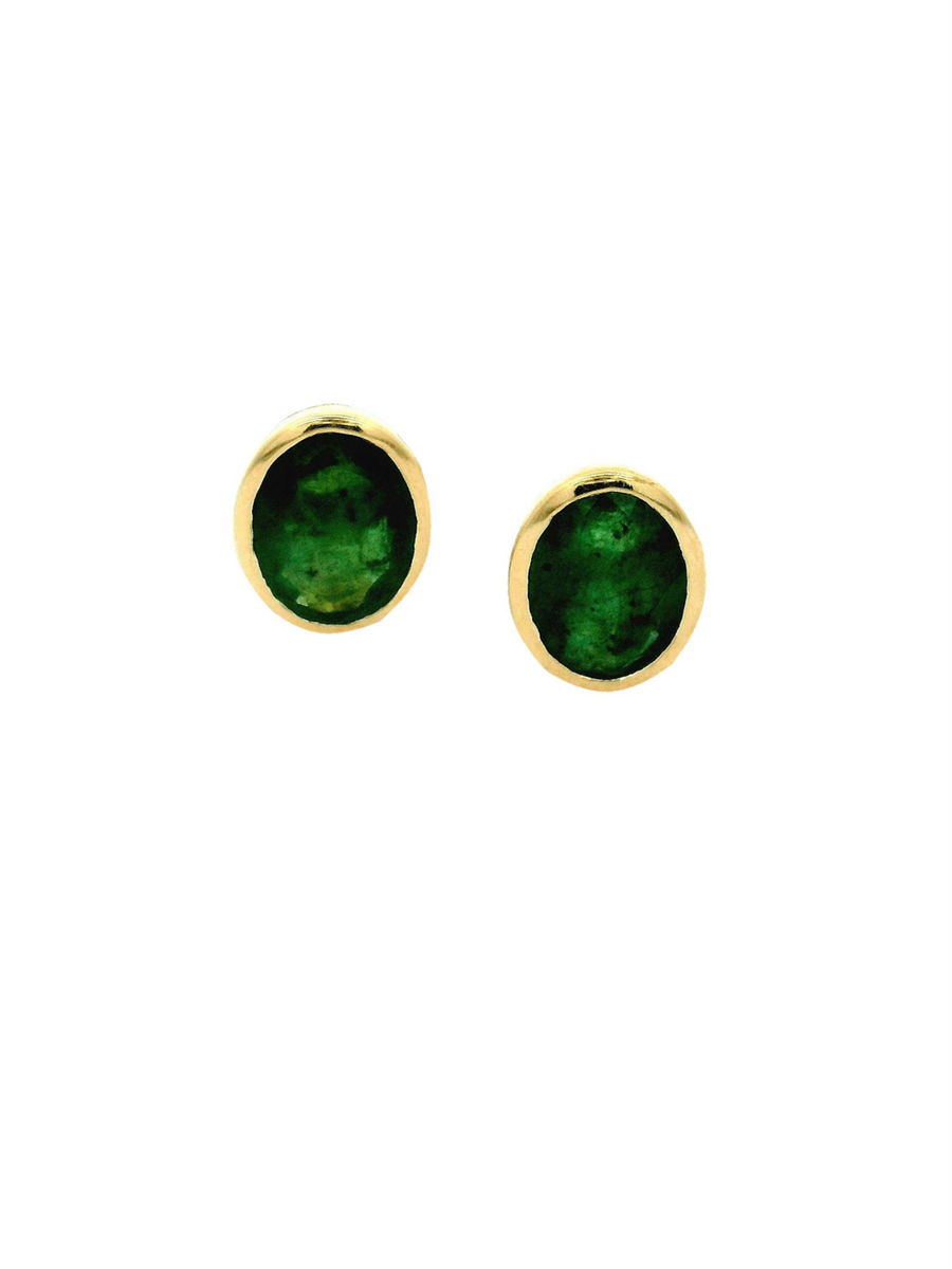 3.43ct Emerald 18K Gold Bezel Oval Stud Earrings