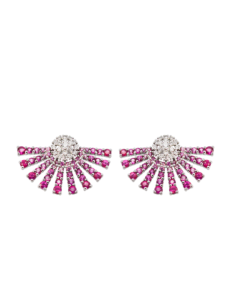 3.00cts Diamond Pink Sapphire 18K Gold Half Sunburst Earrings