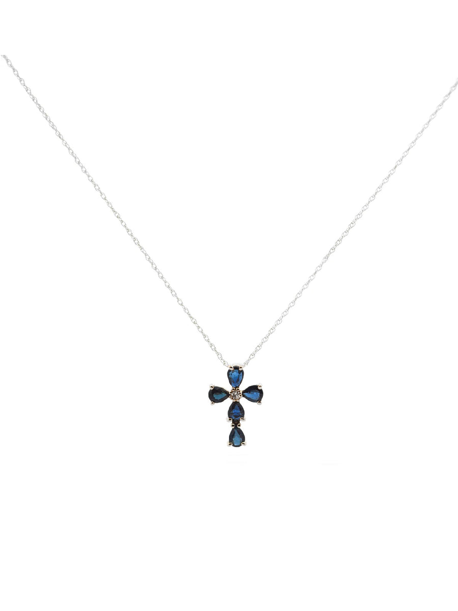 1.34cts Diamond Sapphire 14K Gold Cross Necklace