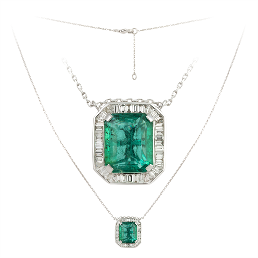 5.77cts Emerald Diamond 18K Gold Baguette Cut Halo Necklace
