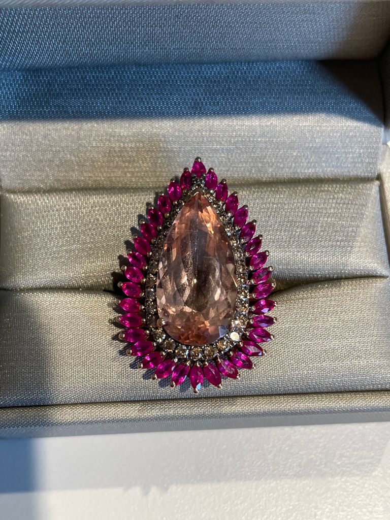 15.86ct Morganite Ruby Diamond 18K Gold Cocktail Ring
