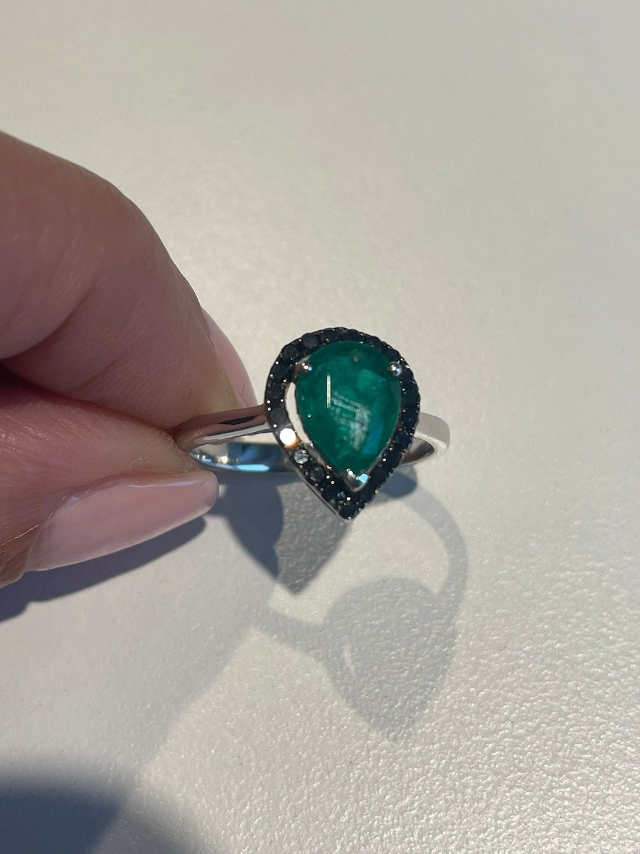 1.75ct Black Diamond Emerald 18K Gold Pear Halo Ring