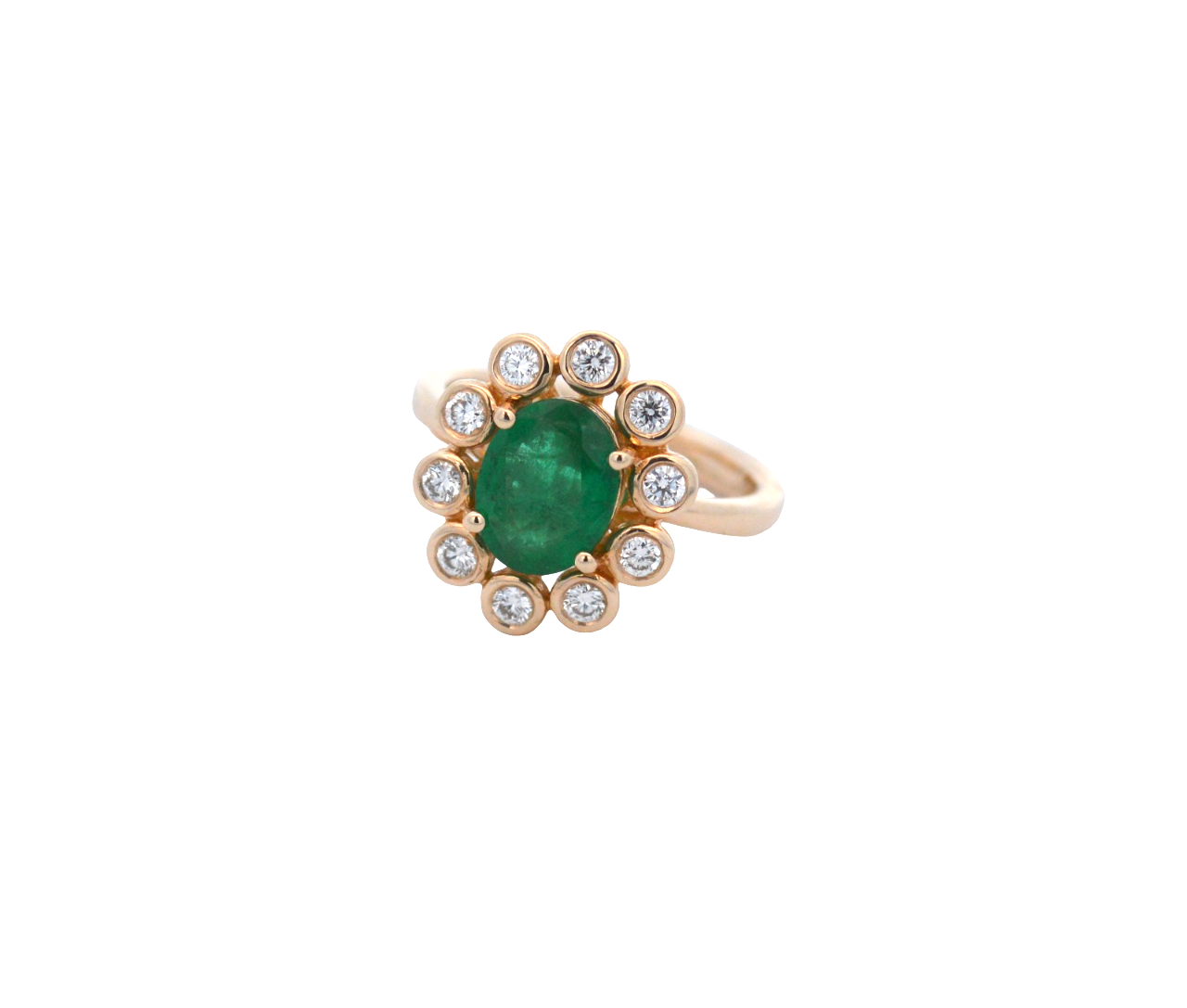 1.90ct Diamond Emerald 18K Gold Bezel Halo Ring