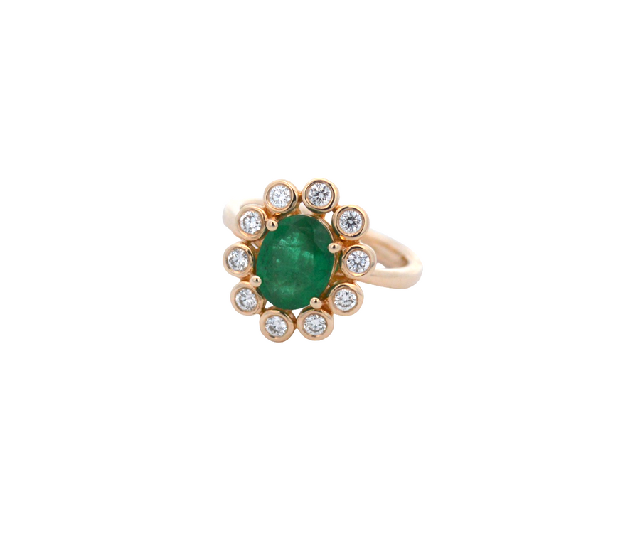 1.91ct Diamond Emerald 14K Gold Bezel Halo Ring