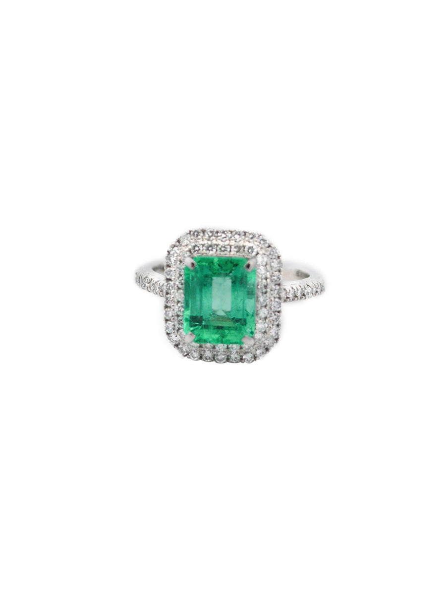 2.93ct Diamond Colombian Emerald Platinum Halo Ring