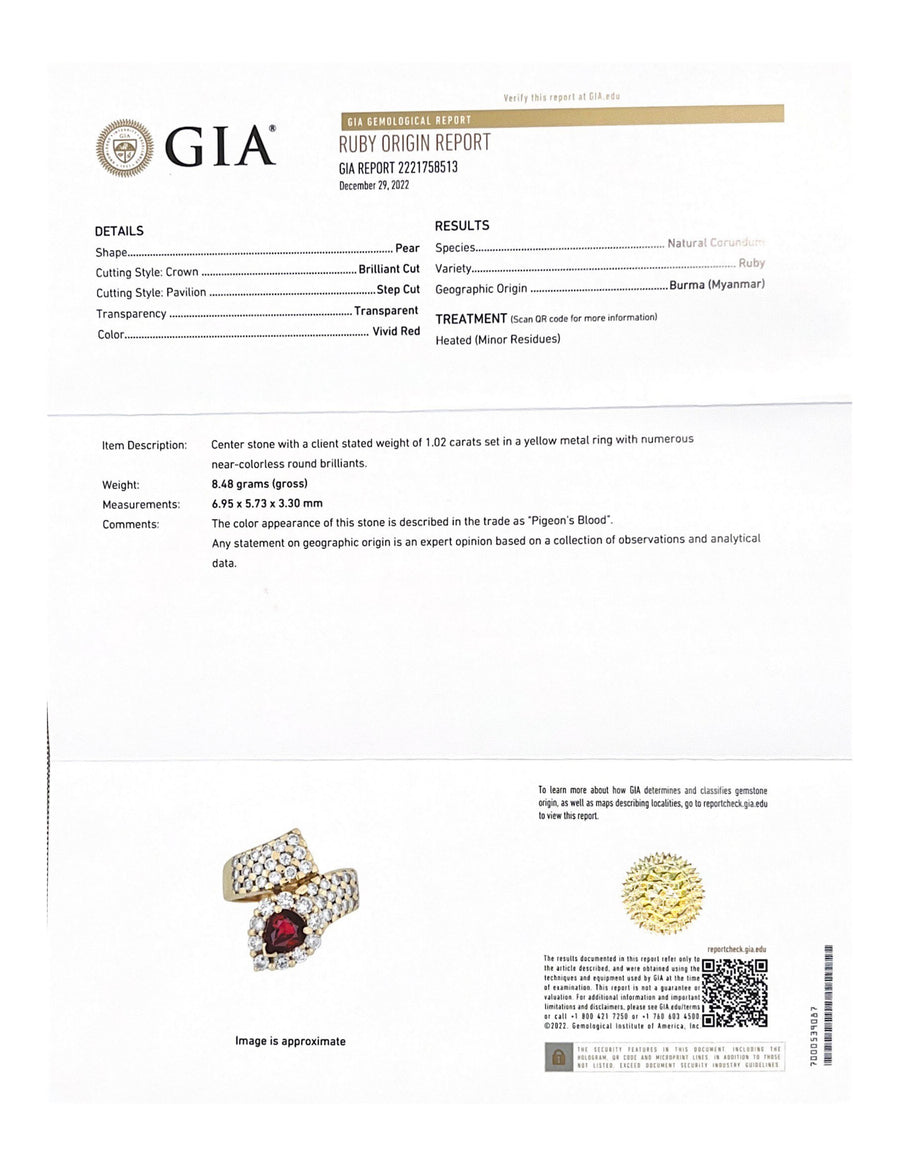 GIA 3.94ct Diamond Burma Ruby 18K Gold Arrow Bypass Ring