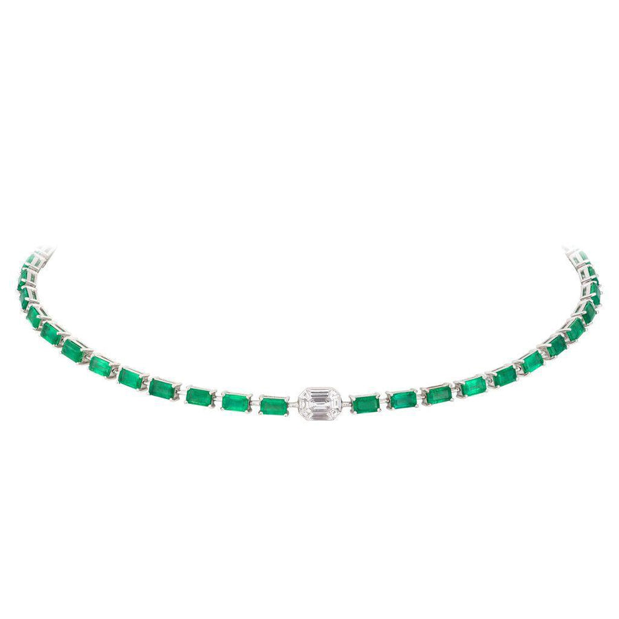 10.53cts Diamond Emerald 18K Gold Half Tennis Choker Necklace