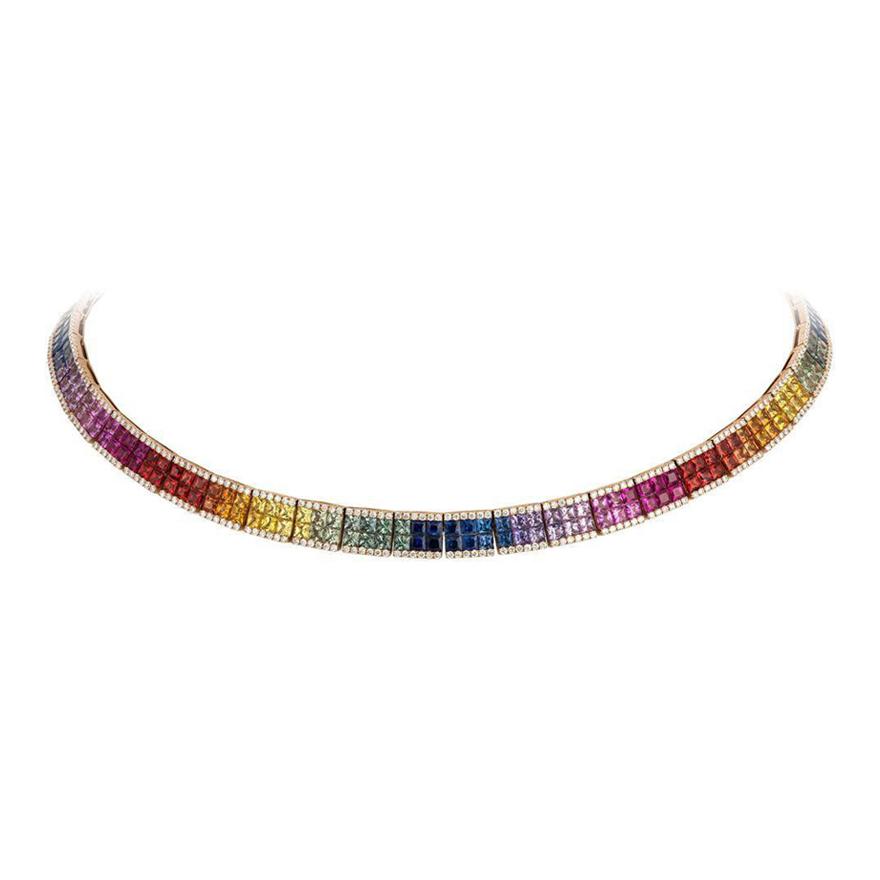 27.47cts Diamond Multi Color Sapphire 18K Gold Link Choker Necklace