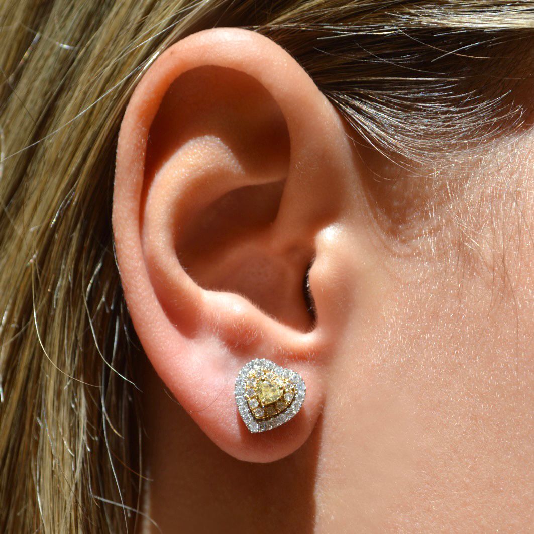 1.00ct White & Yellow Diamond 18K Gold Heart Halo Stud Earrings
