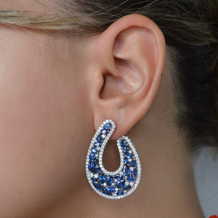 16.14cts Diamond Sapphire 18K Gold Cluster Earrings