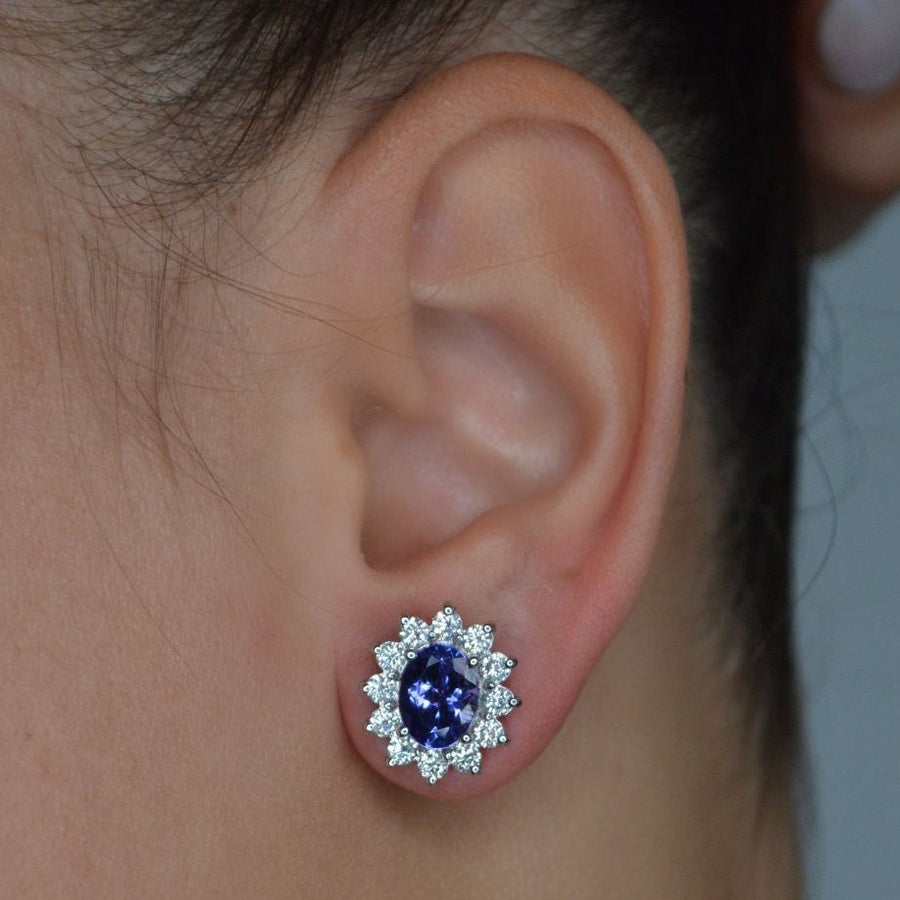 5.65cts Diamond Tanzanite 14K Gold Halo Stud Earrings
