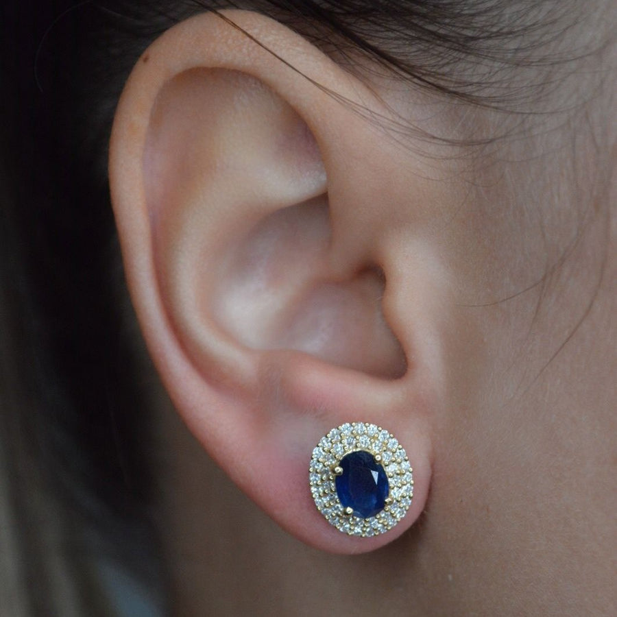 3.14ct Diamond Sapphire 18K Gold Halo Stud Earrings