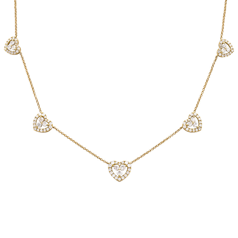1.70ct Diamond 18K Gold Heart Cluster Station Chain Tennis Necklace