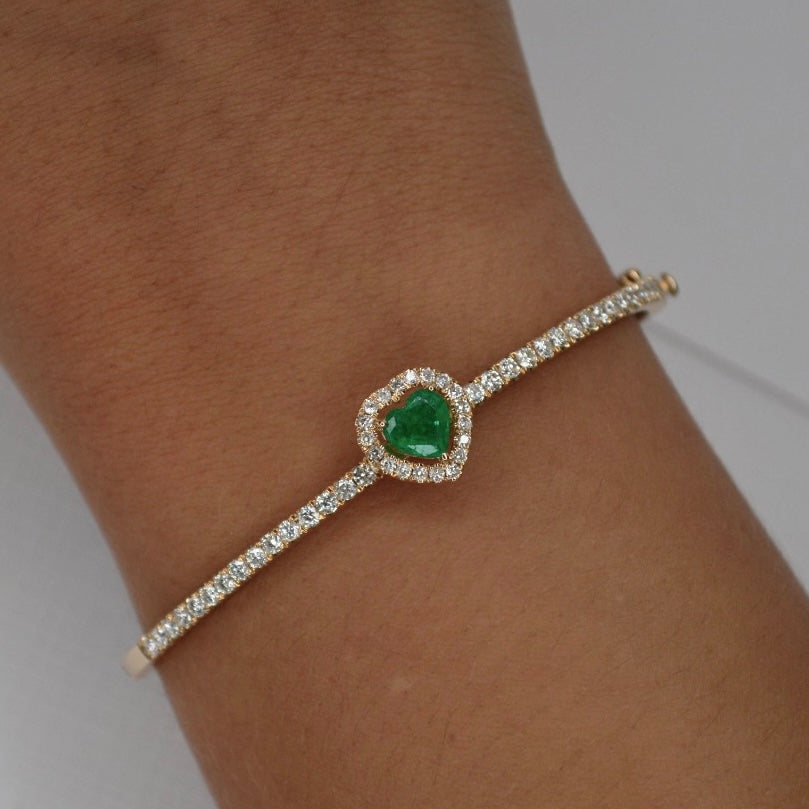 2.25cts Diamond Emerald 14K Gold Heart Bangle Bracelet