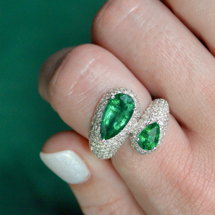 4.12cts Emerald Diamond 18K Gold Bypass Ring