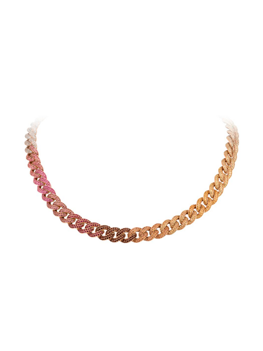 14.98cts Diamond Multi Sapphire 18K Gold Rainbow Cuban Chain Necklace