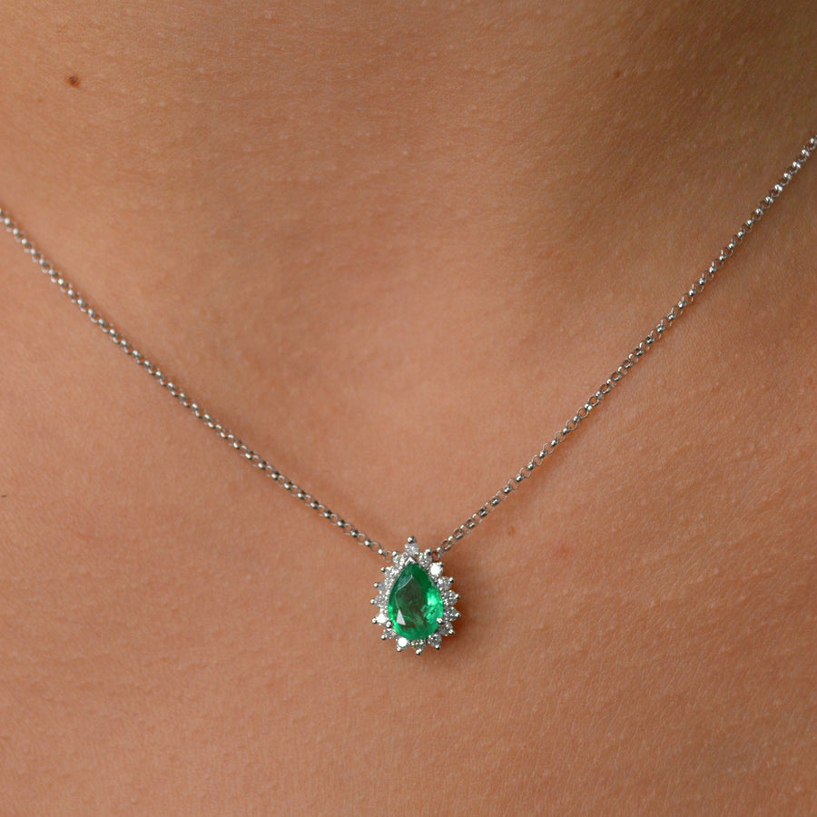 0.65cts Emerald Diamond 18K Gold Pear Halo Necklace