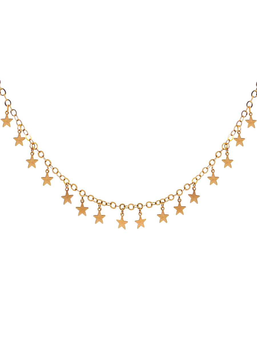 14K Gold Multi Star Station Pendant Chain Necklace