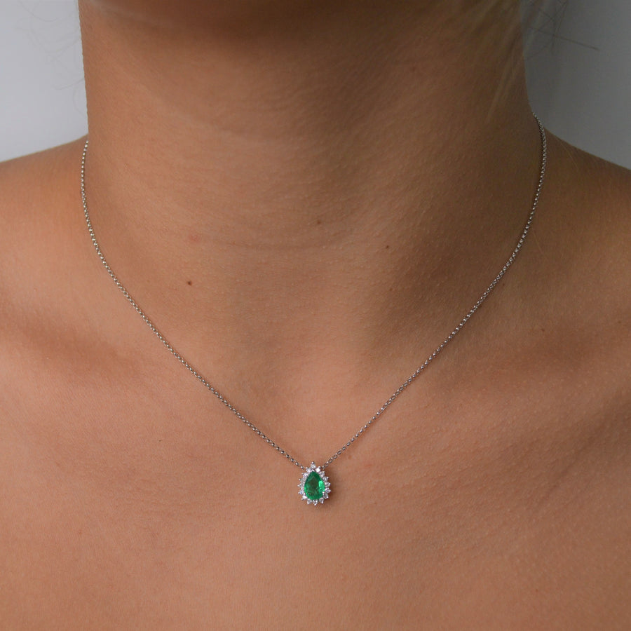 0.65cts Emerald Diamond 18K Gold Pear Halo Necklace